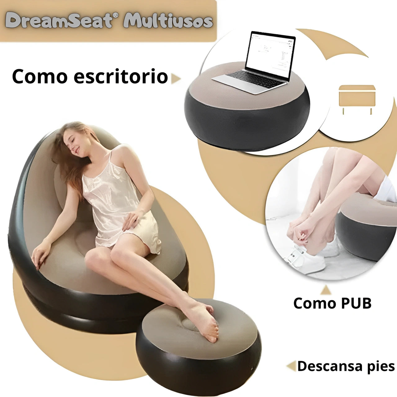 🛋️DreamSeat® – Sofá Inflable 2 en 1 con Cojín para Pies