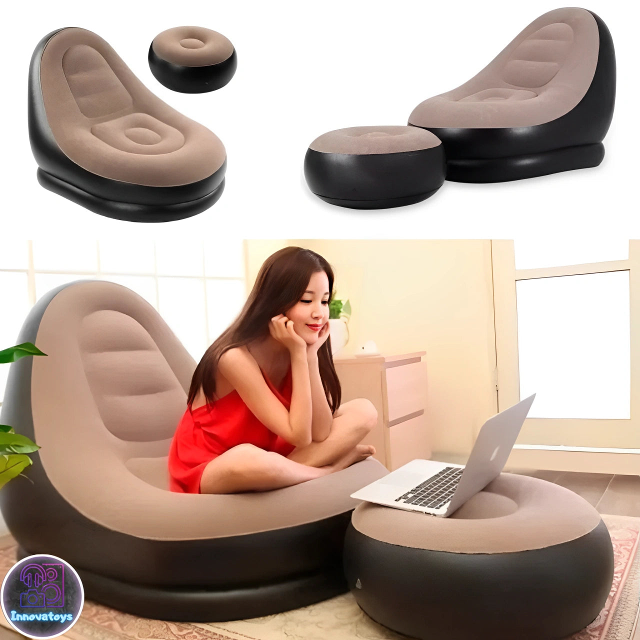 🛋️DreamSeat® – Sofá Inflable 2 en 1 con Cojín para Pies